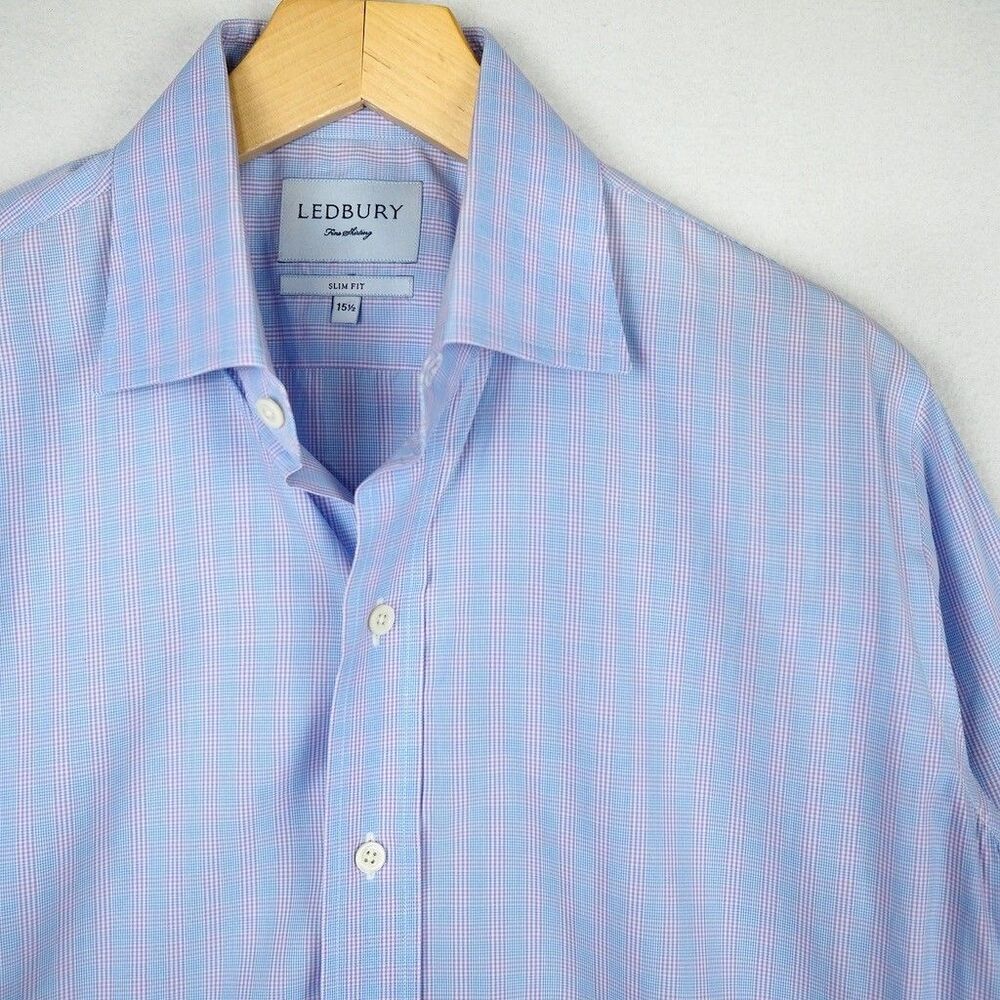 Ledbury Dress Shirt Blue Lavendar Plaid Check Mens 15.5 Sleeve 34 Barrel Cuff
